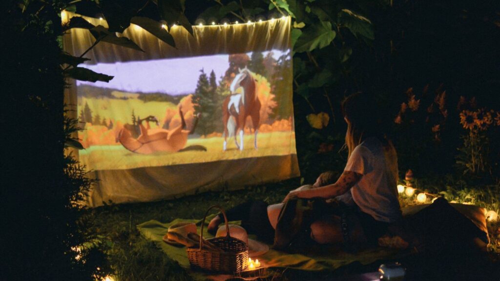 NorthSiginal A person sits on a blanket with a basket, enjoying an animated movie projected onto a sheet outdoors at night, surrounded by string lights and candles—thanks to North Signal Wifi Rental for seamless streaming under the stars. Starlink Rental